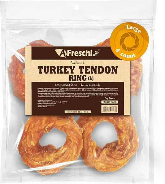 Afreschi Natural Turkey Tendon Ring (L) 10 oz, Turkey Sourced from USA, All Natural Puppy Chew, Hypoallergenic, Rawhide Alternative,for Large Breeds