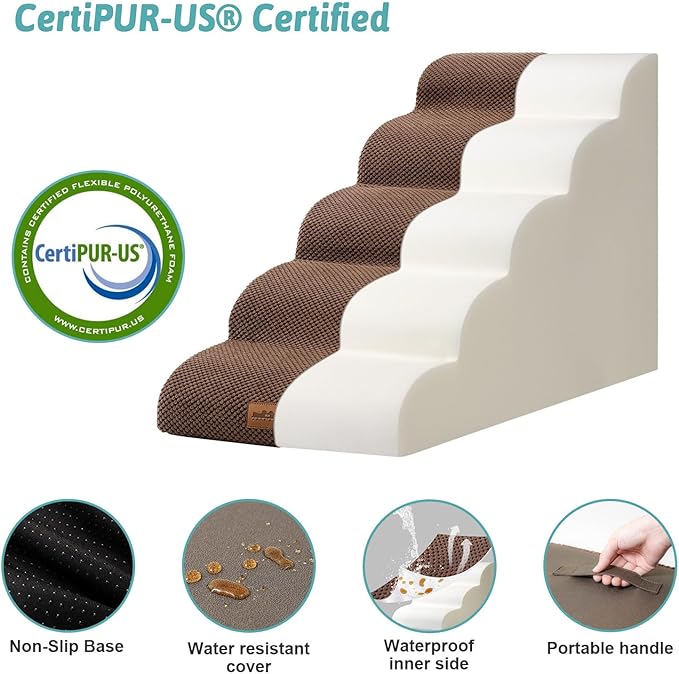 Dog Stairs for High Bed 22.6" H, Small Pet Steps with Leakproof Cover, High Density Foam Cat Ramp for Bed, Car or Couch, Lightweight, Durable, Comfort, 15.7x33x22.6 inch, 5 Tiers, Brown