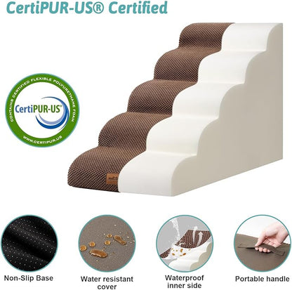 Dog Stairs for High Bed 22.6" H, Small Pet Steps with Leakproof Cover, High Density Foam Cat Ramp for Bed, Car or Couch, Lightweight, Durable, Comfort, 15.7x33x22.6 inch, 5 Tiers, Brown