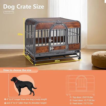 46in Heavy Duty Dog Crate for Extra Large Dogs, Dog Kennel Indoor with Removable Trays, Enclosed Design withlockable Wheels, Chew Proof Pet Cage House Indoor, Brown