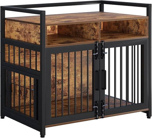 48 Inch Large Dog Crate Furniture for Large Dogs, Heavy Duty Kennel with 2 Drawers Storage, 360° Adjustable Raised Feeder, Wooden Dog Cage Indoor House End Table for Dogs