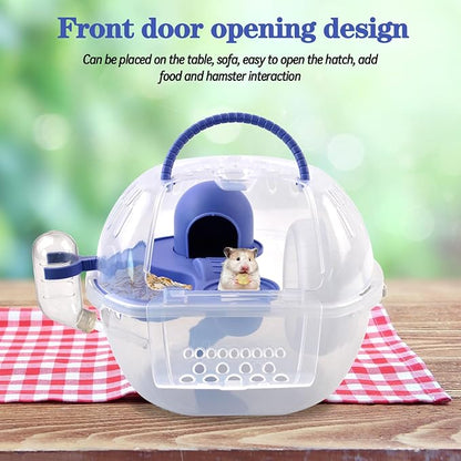 Dwarf Hamster Carrier Cage,Hamster Carrier Portable Hamster Travel Carry Case Breathable 2 Tiers with Silent Exercise Wheels,Water Bottle,Food Dish(Blue)