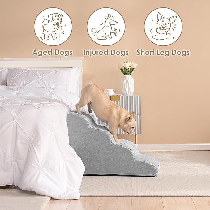 EHEYCIGA Curved Dog Stairs Ramp for High Beds 19.7" H, 4-Step Dog Steps for Small Dogs and Cats, Pet Stairs for High Bed Climbing, Non-Slip Balanced Pet Step Indoor, Light Grey