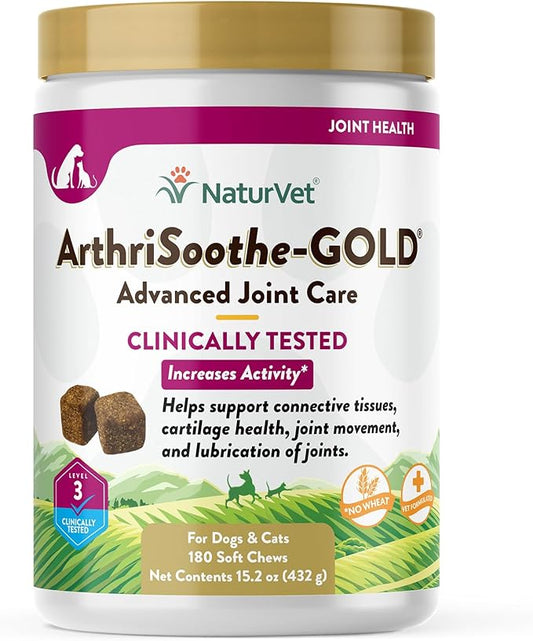 NaturVet ArthriSoothe-Gold Level 3 Advanced Joint Care for Dogs  Soft Chew Dog Supplement with Glucosamine, MSM, Chondroitin & Hyaluronic Acid  Wheat-Free Pet Supplements  180 Ct.