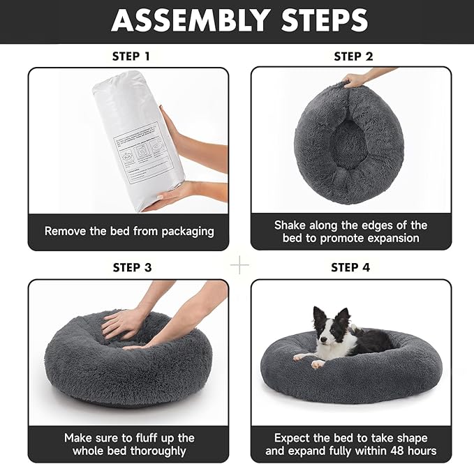 OhGeni Calming Donut Dog Bed Pillow, Machine Washable Plush Waterproof Zipper Cover, Anti-Slip Round Comfort Pet Bed, Pillow Design Cozy Warming Fluffy Fur Bed for Medium Large Dogs, Gray, 36 inches