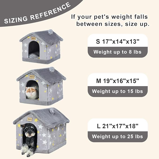 JIUPETY Cute Cat Beds for Indoor Cats, Foldable Cat House with Non-Slip Bottom, S Size Kitten Bed Up to 8 Lbs Kitty, Grey