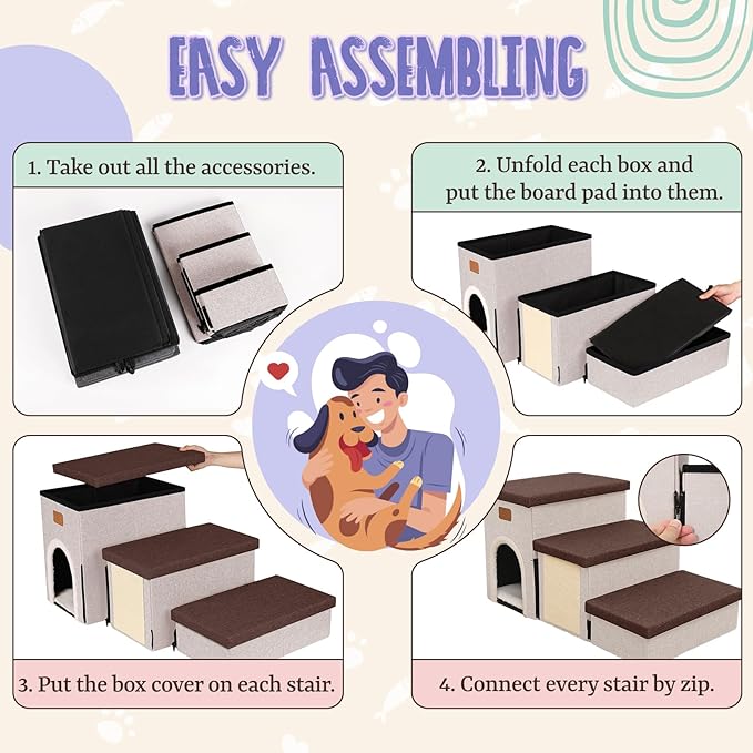 downluxe Dog Stairs for Small Dogs, Foldable Dog Steps for Bed, Sofa and Chair, Non-Slip Pet Steps with Cat Scratcher and Condo (3-Step Pet Stairs, Brown-Beige)