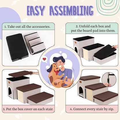 downluxe Dog Stairs for Small Dogs, Foldable Dog Steps for Bed, Sofa and Chair, Non-Slip Pet Steps with Cat Scratcher and Condo (3-Step Pet Stairs, Brown-Beige)