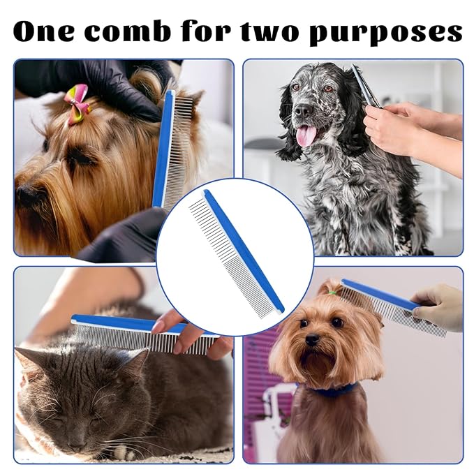 2Pcs Dog Grooming Comb, Durable and Non-Slip Metal Comb for Dogs, Horse, Rabbit, Cat, Metal Pet Comb for Cats with Rounded Tips for Bath, Pet Hair Remover, Removes Tear Stain, Tangles, and