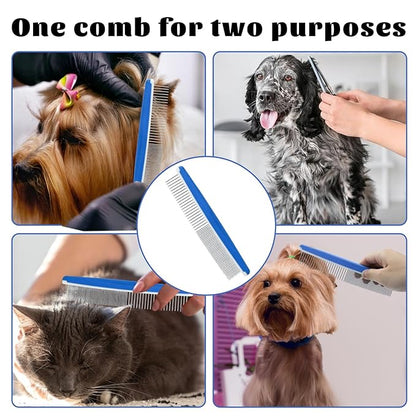 2Pcs Dog Grooming Comb, Durable and Non-Slip Metal Comb for Dogs, Horse, Rabbit, Cat, Metal Pet Comb for Cats with Rounded Tips for Bath, Pet Hair Remover, Removes Tear Stain, Tangles, and