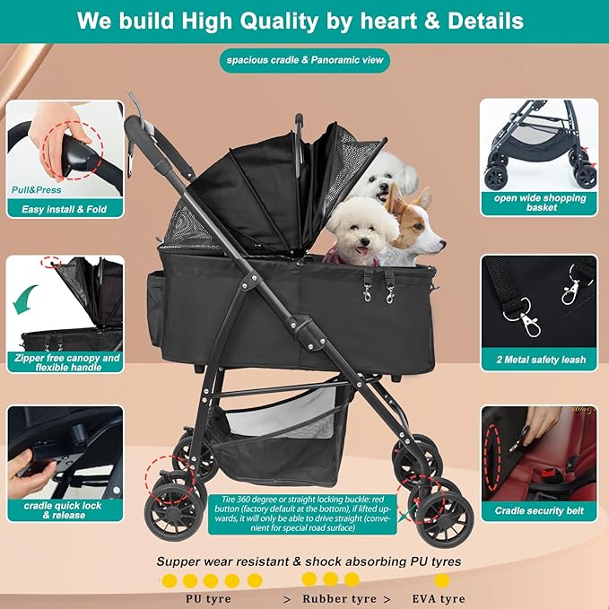 MILA&LOUIS Dog Stroller for Medium Dogs, Lightweigh Pet Stroller for Small Dogs, 4 Upgraded Wheels, Dog Strollers with Cup Holder, Hook, Puppy Stroller with Detachble Spacious Cradle for Multiple Pets