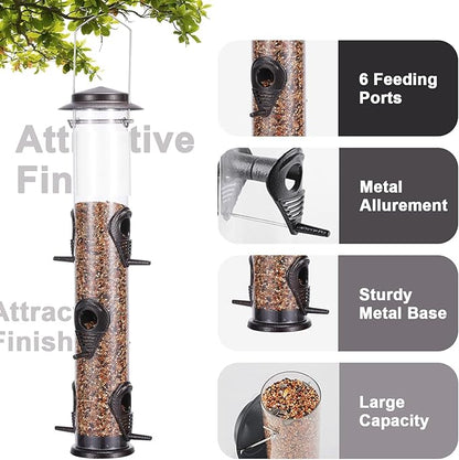 MIXXIDEA 2PK Metal Bird Feeders with 6 Feeding Ports,Tube Bird Feeder with Steel Hanger,Hard Plastic Wild Bird Feeder for Outdoors Hanging, Attracting Birds in Your Lawn, Garden, Balcony (Coffee)