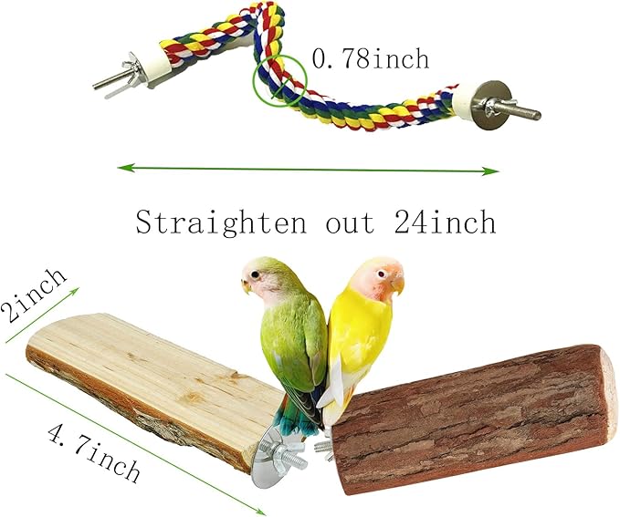 24 Inch Bird Rope Ladder Toy - Natural Wood Perch Stand,with 0.78 Inch Diameter Metal Screw Ends,Interactive Chewing Climbing Toy for Parakeets, Budgies,Cockatiels, Small to Medium Birds