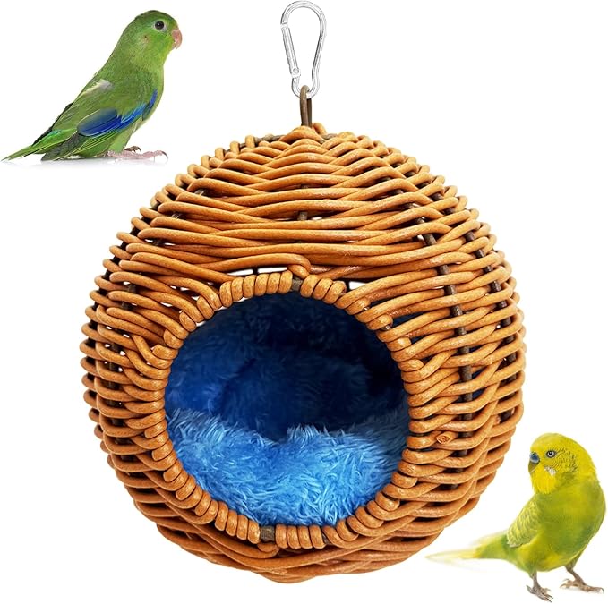 BNOSDM Rattan Bird Nest Parrot Nesting House Parakeet Hanging Swing Soft Lovebird Warm Bed Sleeping for Parrots Bird Cage Accessories for Cockatiels Budgerigars Finches Canaries (Single-Hole Style)