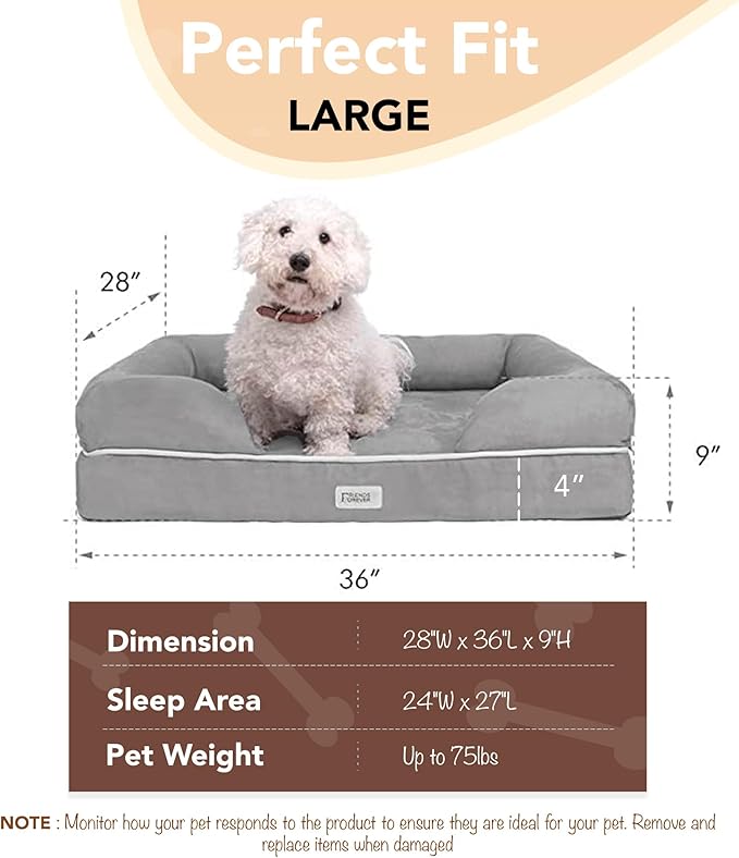 Friends Forever Large Dog Bed, Orthopedic Dog Sofa Memory Foam Mattress, Calming Dog Couch Bed, Wall Rim Pillow, Water Resistant Liner, Washable Cover, Non-Slip Bottom, Chester, Large Grey