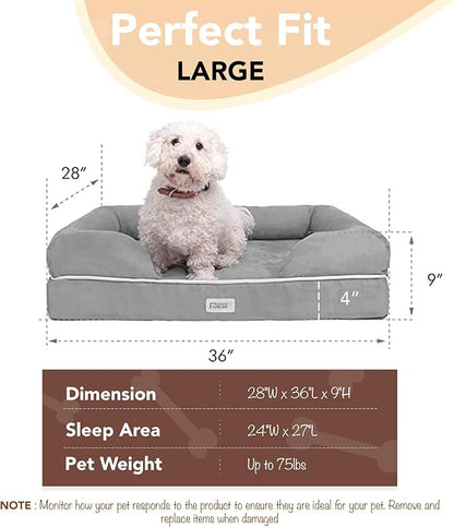 Friends Forever Large Dog Bed, Orthopedic Dog Sofa Memory Foam Mattress, Calming Dog Couch Bed, Wall Rim Pillow, Water Resistant Liner, Washable Cover, Non-Slip Bottom, Chester, Large Grey