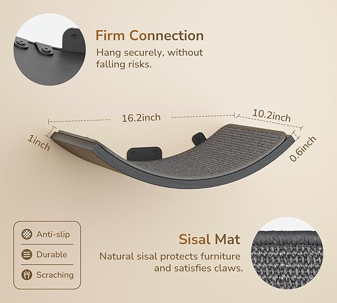 Cat Wall Shelves for Large Cats Set, Grey Curved Wall Sisal Bed and 2 Floating Wall Sisal Steps, Wall Mounted Climbing Shelves for Sleeping, Playing, and Lounging