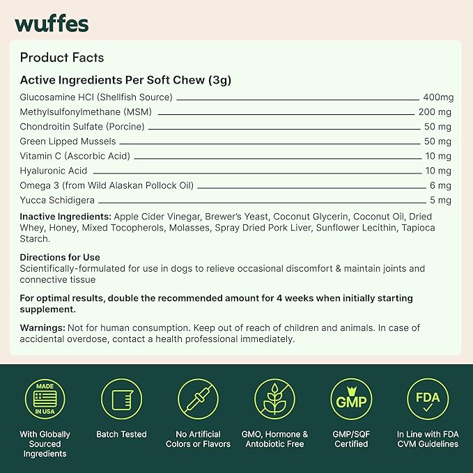 Wuffes Chewable Dog Hip & Joint Supplement - Glucosamine & Chondroitin Chews - Dog Joint Supplements & Vitamins - Extended Joint Care (Small&Medium Breeds (0-65 lbs), 180 Chews (Pack of 3))