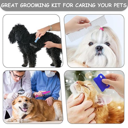 7 Pack Pets Grooming Brush Comb Kit,Double-Side Deshedding Dematting Dog Brush,Undercoat Rake for Dogs & Cats,with Metal Comb,Flea Comb,Open Knot Comb,Fine-Teeth Comb,Tear Stain Remover Comb