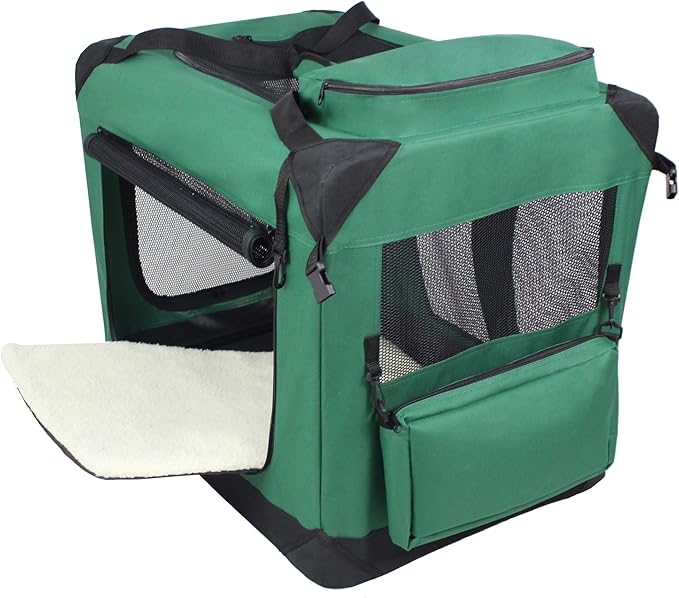 EliteField 3-Door Folding Soft Dog Crate with Carrying Bag and Fleece Bed (2 Year Warranty), Indoor & Outdoor Pet Home (24" L x 18" W x 21" H, Green)