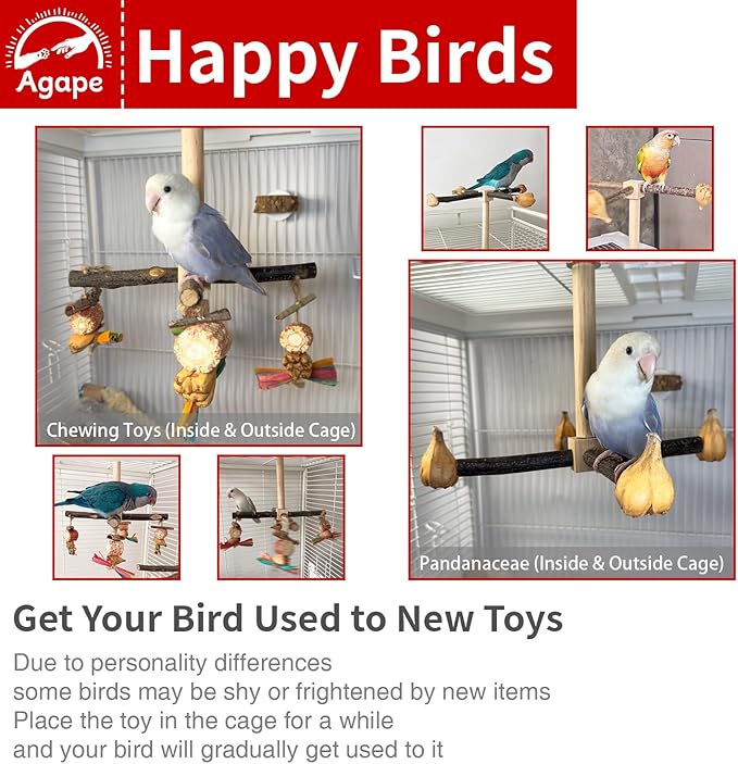 Agape Rotating Parrot Perch Toy with Chew Toy, Natural Wooden Perch Stand for Small & Medium Birds, Bird Cage Accessory with Exercise Wheel for Parakeets Cockatiels Lovebirds Conures Finches Budgies