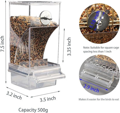 Automatic No Mess Bird Cage Feeder， 2Pack Acrylic Transparent Parrot Seed Feeders with Perch Parakeet Food Container Cage Accessories for Small and Medium Lovebirds Canary Cockatoo Cockatiel Finch