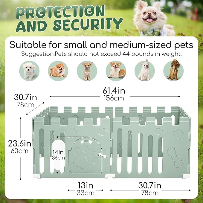 Dog Playpen with Door, 6-Panel 24" Indoor Cat Puppy Playpen, Strong Plastic Small Pet Safety Fence Dog Pen, Non-Slip and Secure Pet Gate, Green