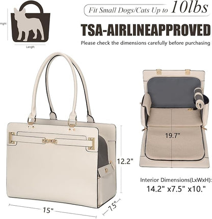 2-in-1 Stylish Dog Purse Carrier Soft-Sided Carriers Travel Tote Bag for Small Dogs Cats, Fashion Foldable Pet Bag for Puppies Small Animals with Pockets (White, 15" L x 7.5" W x 12.2" H)