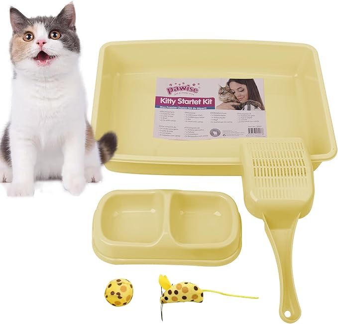 PAWISE Small Cat Litter Box, Kitten Litter Box Starter Kit, Low Entry Baby Kitten Training Litter Box with Scoop, Bowls,Cat Mouse Toy and Cat Ball Toy,First Catty Owner Essentials (Yellow)