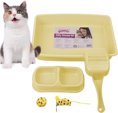 PAWISE Small Cat Litter Box, Kitten Litter Box Starter Kit, Low Entry Baby Kitten Training Litter Box with Scoop, Bowls,Cat Mouse Toy and Cat Ball Toy,First Catty Owner Essentials (Yellow)