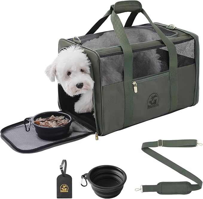 Luxury Pet Carrier for Dogs, Cats, Puppies - Airline TSA Approved, Durable Anti-Scratch Fabric, Soft-Sided, Consistent Airflow, Foldable Design, Cushion Pad, Travel (Olive Green, Medium)