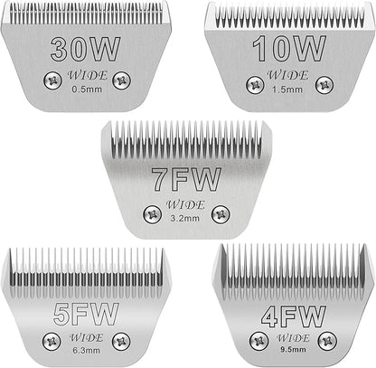 30W+10W+7FW+5FW+4FW Wide Pet Dog Grooming Detachable Blades Kit,Compatible with Andis,Oster A5,Wahl KM10 Clippers,Cut Length 1/50"(0.5mm) to 3/8" (9.5mm),5 Pack