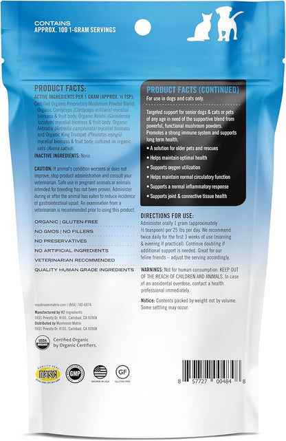 Om Mushroom Matrix Pet - Canine | Maximum Recovery | USA Grown Human-Grade Organic Mushroom Powder Pet Supplement | Optimal Health & Senior Care for Dogs & Cats | 100 Grams, 3.5 oz