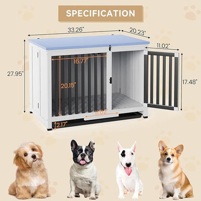 33in Furniture Dog Crate, Large/Medium Dog Crate End Table, Solid Wood Portable Foldable Indoor, No Assembly Needed (White and Blue)