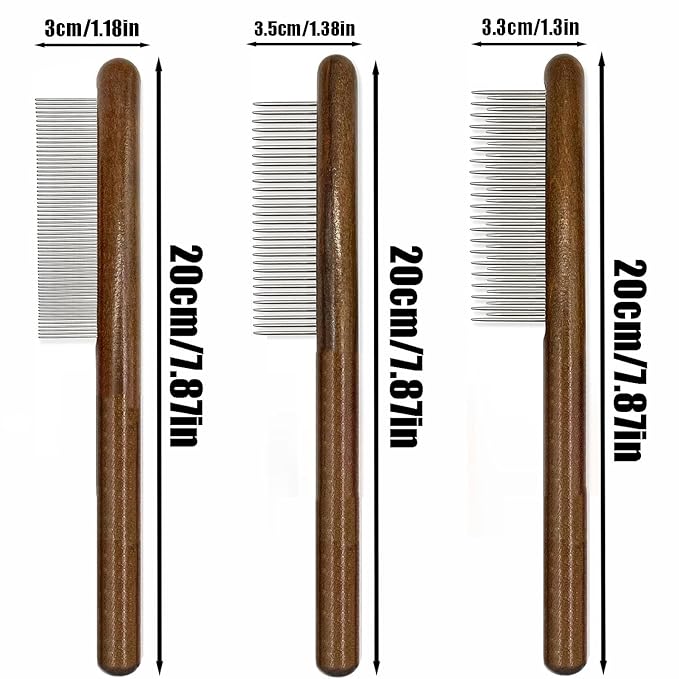 3 Pack Solid Wood Cat Combs, Dog Combs Cat Comb for Removing Tangles and Knots Flea Lice Comb with Rounded Stainless Steel Teeth Pet Comb Grooming Tool for Cats,Dogs and rabbits