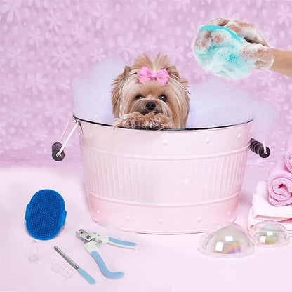 6Pcs Silicone Pet Grooming Set: Bath Massage Dispenser Brush, Finger Toothbrush, Nail Clippers and File for Dogs and Cats