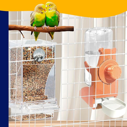 VERTUPET No Mess Bird Feeders with Water Dispenser Automatic Transparent Acrylic Food Container Drinker for Cage Automatic Parrot Feeder Seed Container Cage Accessories (Orange)