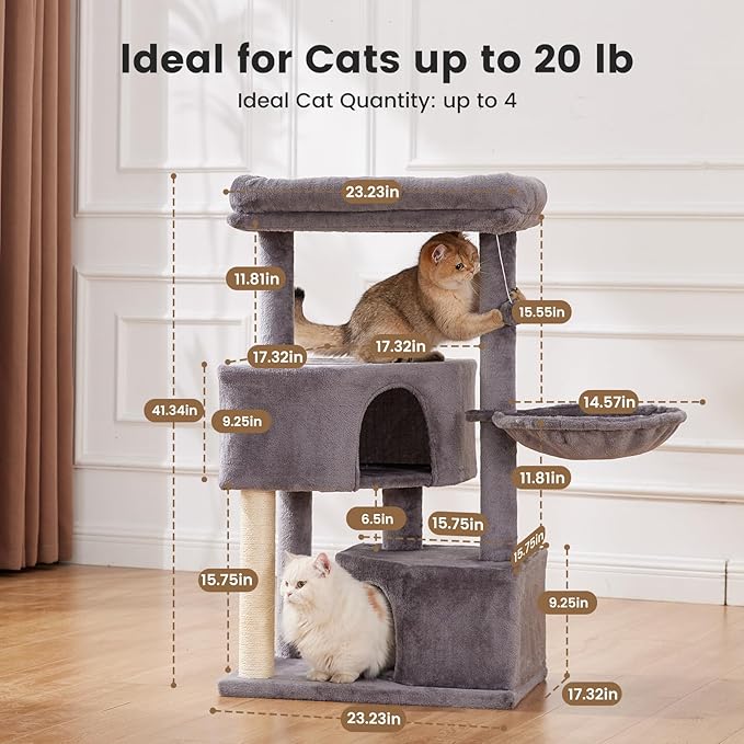 Gardner Pet 41" Tall Cat Tree for Medium Large Cats, Heavy Duty Cat Tower with 2.8in Posts & Washable Top Perches, Space-Saving Cat Furniture for Apartments, Easy to Assembly