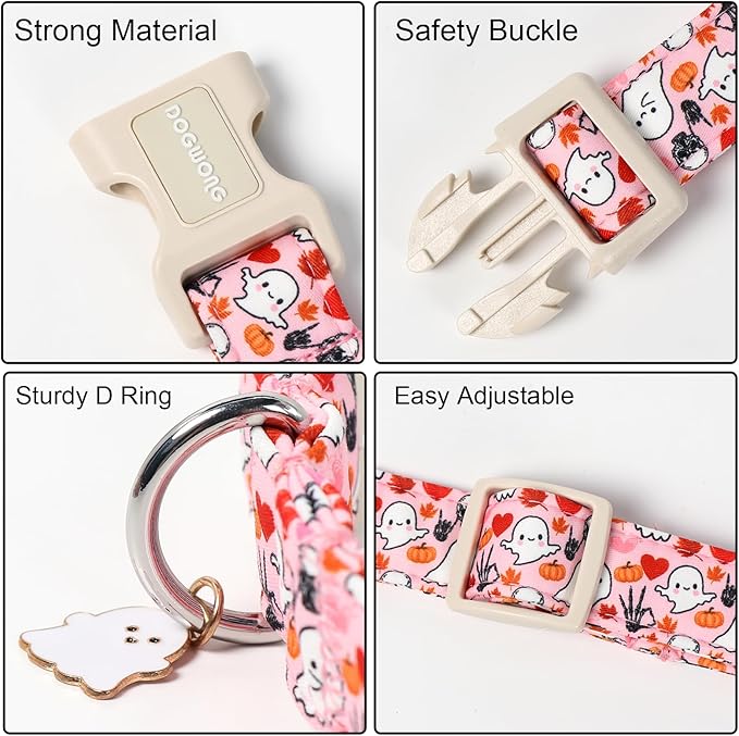 DOGWONG Halloween Dog Collar, Pink Halloween Dog Collar Adjustable Soft Cute Ghost Girl Pet Dog Collars Cute Puppy Necklace for Small Medium Large Dogs