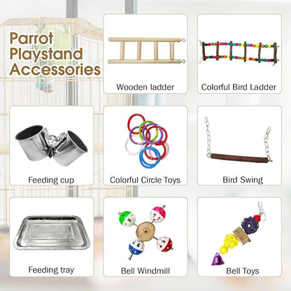 PINVNBY Bird Playground Parrot Playstand Play Gym Cockatiel Wood Bird Toys Birds Cage Accessories Playpen Ladder with Feeder Cups Hanging Swing Toys for Parakeet Conure Lovebird Cockatiel