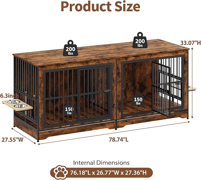Rovibek 78 Double Dog Crate Furniture for 2 Large Dogs Indoor, Wooden Furniture Dog Crates with Dog Bowl, Dog Kennel Furniture TV Stand Large Breed Brown