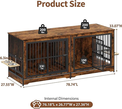 Rovibek 78 Double Dog Crate Furniture for 2 Large Dogs Indoor, Wooden Furniture Dog Crates with Dog Bowl, Dog Kennel Furniture TV Stand Large Breed Brown