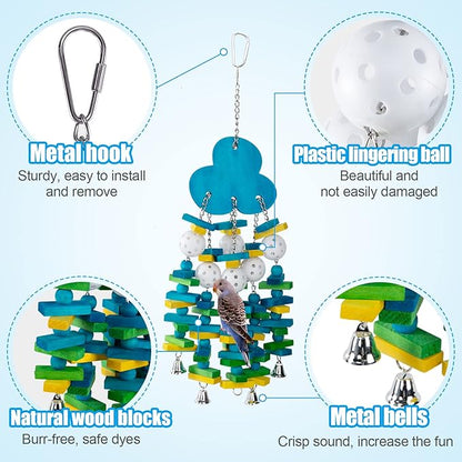 Parrot Toys for Large Birds, Parrots Chew Toy Gift with Colorful Wood Blocks and Bells for Macaws African Grey and Amazon Parrots (Blueberry Style)