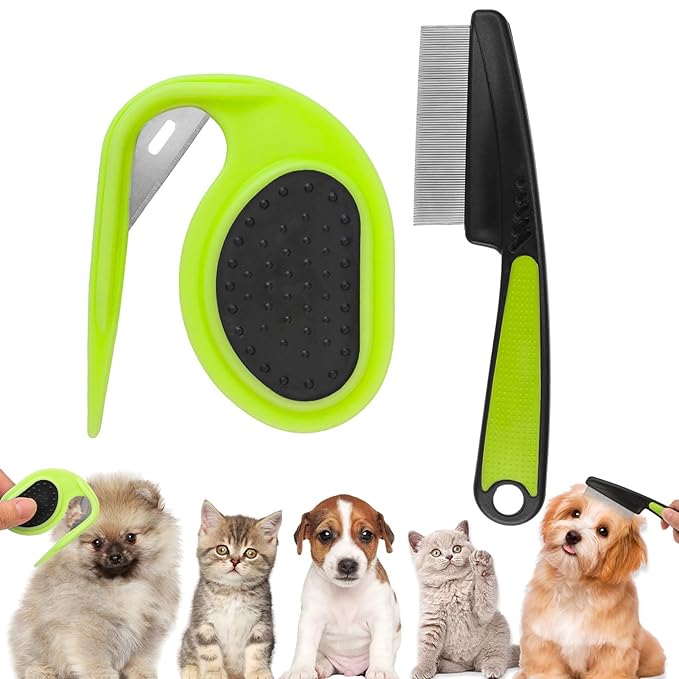 2PCS Flea Comb-Pet Knotting Comb, Tick Comb for Long Haired Pets- Remove Clumps Stainless Fine Tooth Dog Eye Comb Tear Stain Comb for Small Dogs Cat Pet Grooming Comb