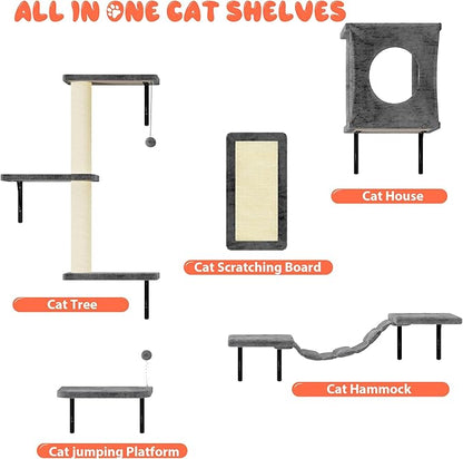 NUNU LAB Cat Wall Shelves Set, 5 Pcs Wall-Mounted Cat Climber with Cat House, Bridge, Scratching Post, Hammock, Wall Shelves, Gray