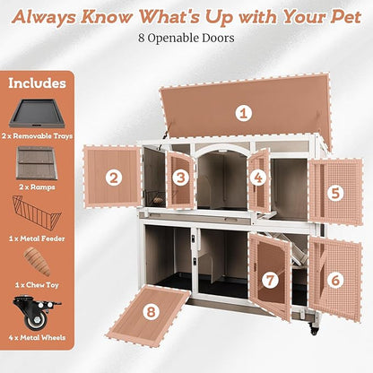 2 Story Large Rabbit Hutch Indoor with 2 Deeper Pull-Out Trays, Wooden Rabbit Cage with 4 Lockable Wheels, Ramp, Chew-Anti Metal Strip for Rabbit, Guinea Pig, Hamster(47" L x 18" W x 42" H)