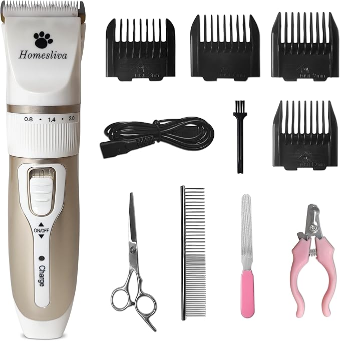 Dog Grooming Shaver Kit Clippers Low Noise Rechargeable Cordless Electric Quiet Hair Clippers Set for Dogs Cats Pets (White)