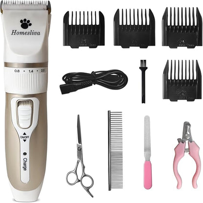 Dog Grooming Shaver Kit Clippers Low Noise Rechargeable Cordless Electric Quiet Hair Clippers Set for Dogs Cats Pets (White)