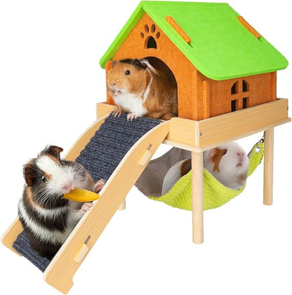 3 in 1 Enlarged Guinea Pig Hammock with House & Platform,Wooden Guinea Pig Hideout with Hammock & Stairs Small Animal Toys for Hiding Sleeping Activities