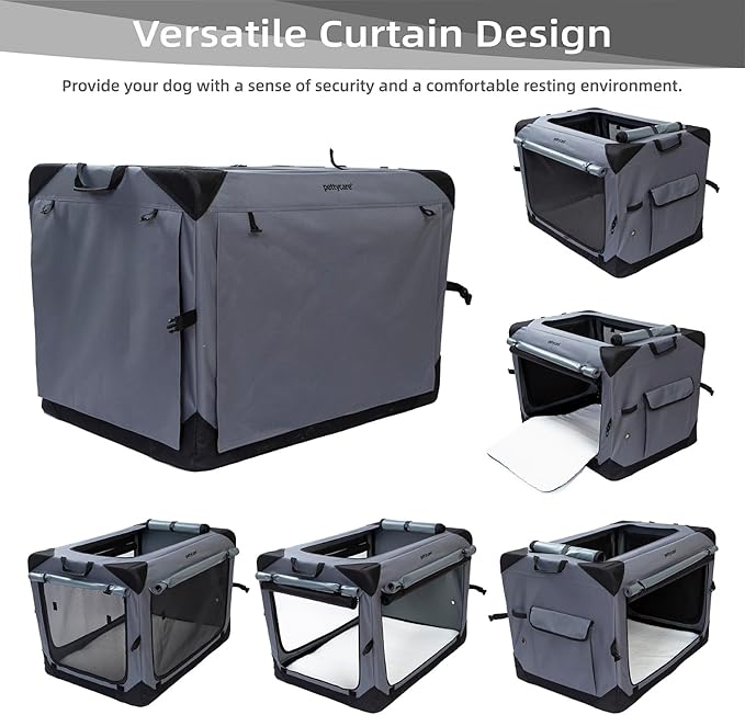 Pettycare 30 Inch Collapsible Dog Crate with Curtains Travel Dog Crate for Airflow and Calm Soft Pet Kennel with Portable Bag and More Chew Proof Mesh Indoor & Outdoor Grey 4 Door Curtains